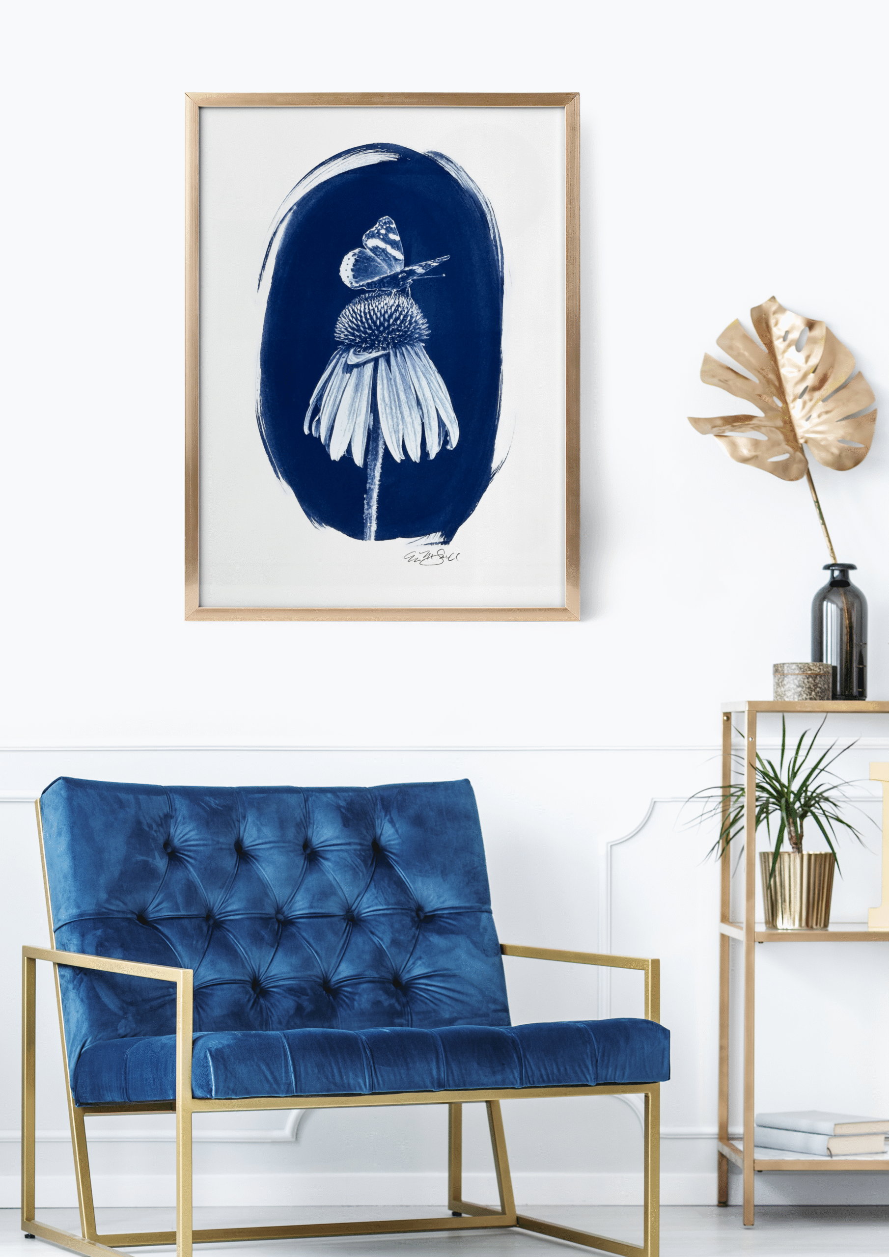 Coneflower w Red Admiral_Gold Frame_Blue Chair_Gold Monstera_sm