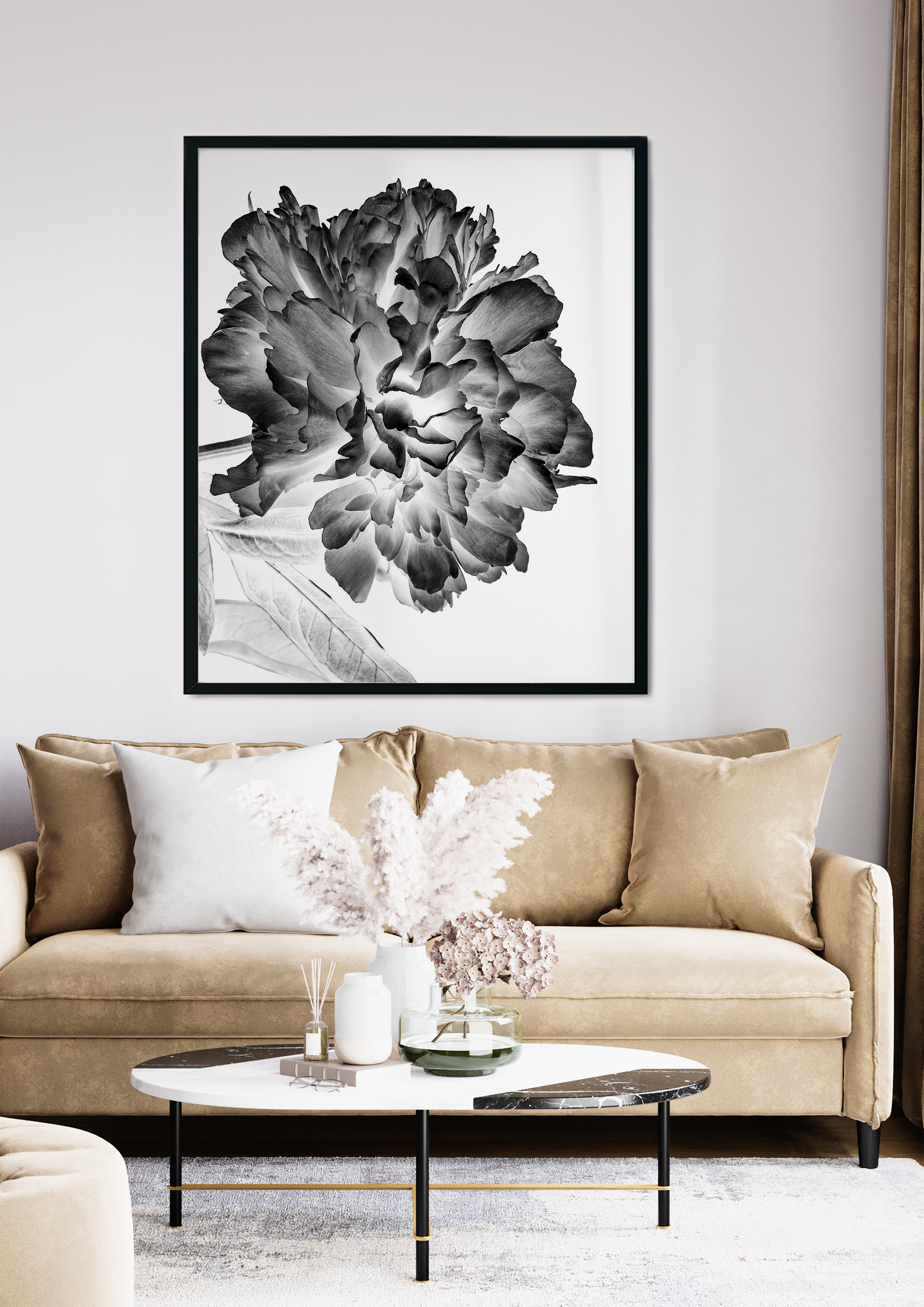 Peony - Beige Velet Couch Vertical Black Frame